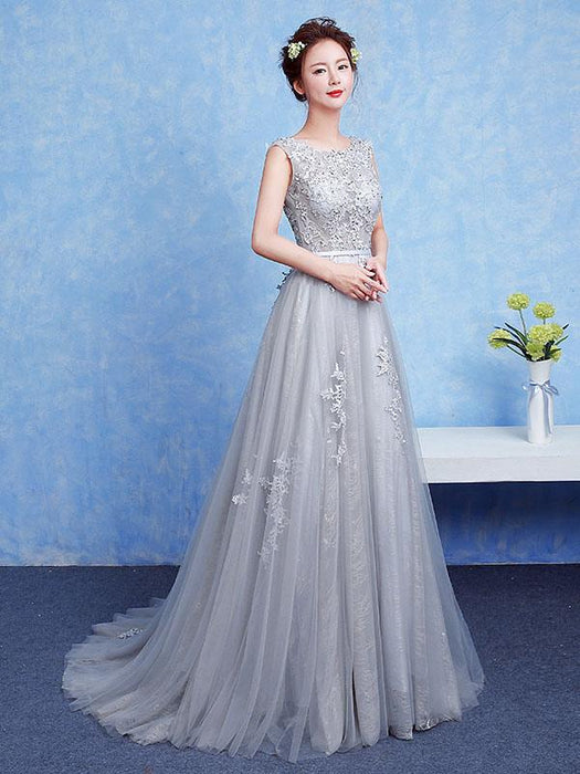 Silver Prom Dress Tulle Backless Party Dress Lace Applique A Line Occasion Dress With Train