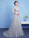 Silver Prom Dress Tulle Backless Party Dress Lace Applique A Line Occasion Dress With Train