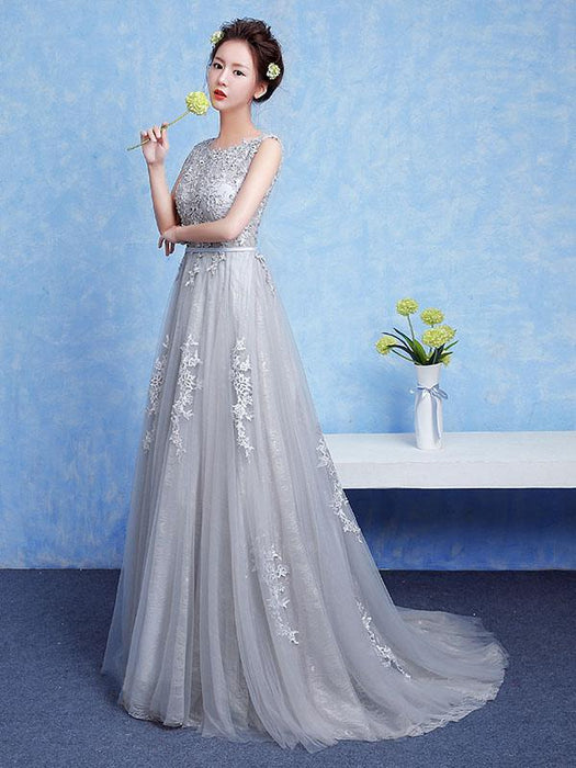 Silver Prom Dress Tulle Backless Party Dress Lace Applique A Line Occasion Dress With Train