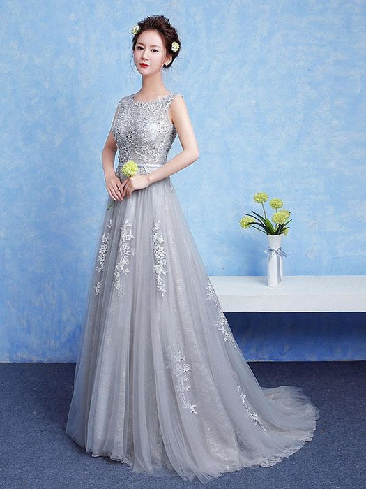 Silver Prom Dress Tulle Backless Party Dress Lace Applique A Line Occasion Dress With Train