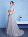 Silver Prom Dress Tulle Backless Party Dress Lace Applique A Line Occasion Dress With Train