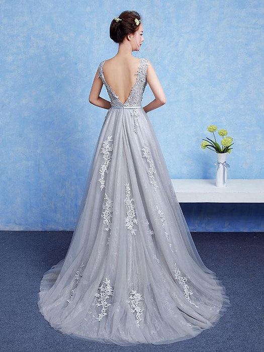 Silver Prom Dress Tulle Backless Party Dress Lace Applique A Line Occasion Dress With Train