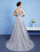 Silver Prom Dress Tulle Backless Party Dress Lace Applique A Line Occasion Dress With Train