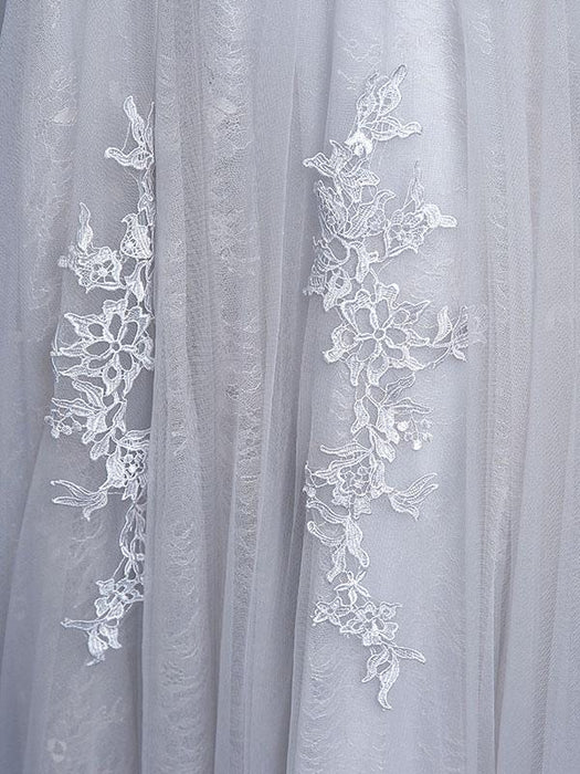 Silver Prom Dress Tulle Backless Party Dress Lace Applique A Line Occasion Dress With Train