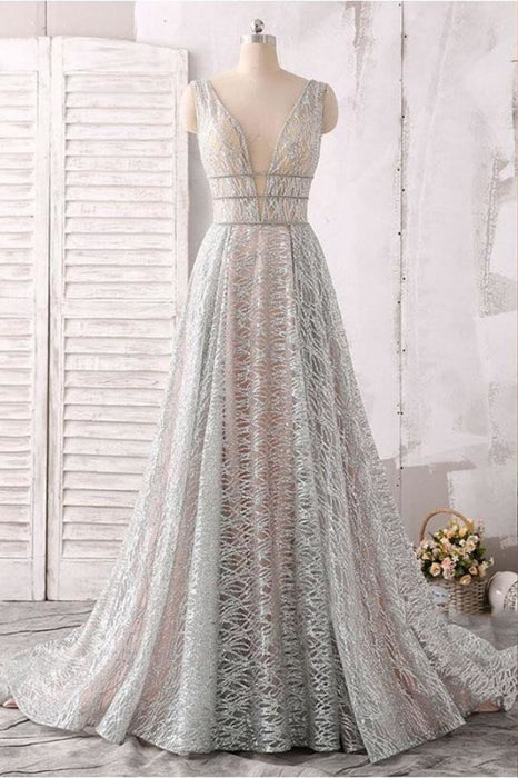 Silver Sleeveless Deep V-Neck Sequin Floor Length Prom Dresses - Prom Dresses