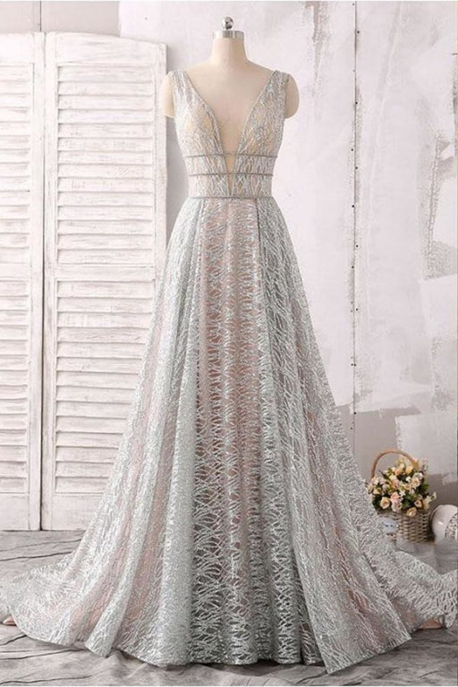 Silver Sleeveless Deep V-Neck Sequin Floor Length Prom Dresses - Prom Dresses