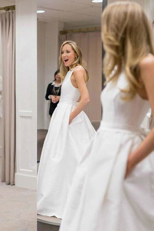 Simple A-Line Criss Cross Back Satin with Pockets Cheap Wedding Dress - Wedding Dresses
