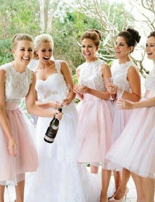 Simple A-Line Jewel Sleeveless Lace Top Short Bridesmaid Dress - Bridesmaid Dresses