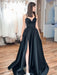 Simple A Line Satin Black Long Prom Dresses with High Slit, Long Black Formal Dresses, Black Evening Dresses