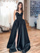 Simple A Line Satin Black Long Prom Dresses with High Slit, Long Black Formal Dresses, Black Evening Dresses