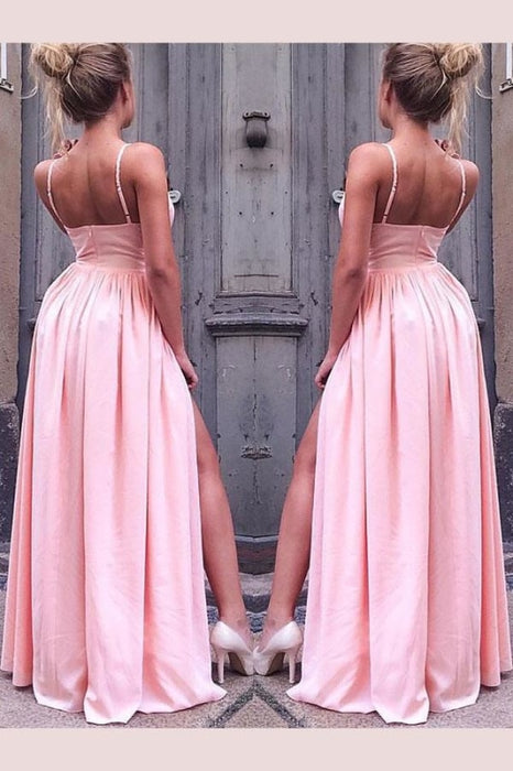 Simple A-Line Sleeveless Straps Floor-Length Ruched Slit Chiffon Prom Dresses - Prom Dresses
