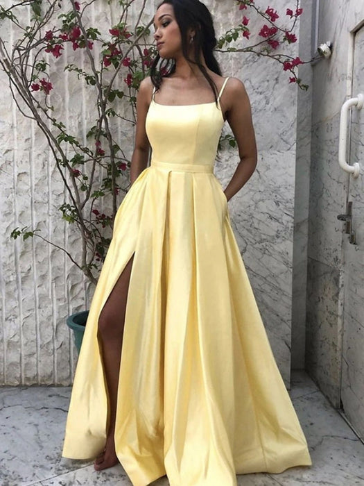 Simple A Line Spaghetti Straps Long Yellow Prom Dresses with Pockets, Bridelily Simple A Line Spaghetti Straps Long Yellow Prom Dresses with Pockets, Bridelily