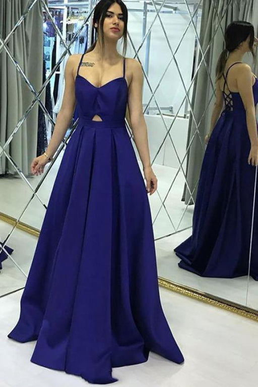 Simple A Line Spaghetti Straps Satin Long Prom Dresses Criss Cross Back - Prom Dresses