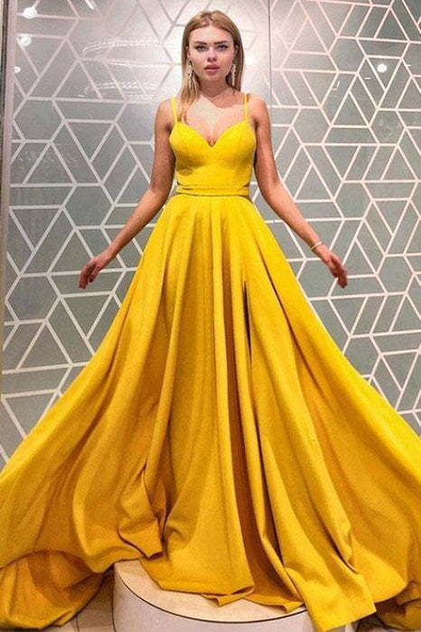 Simple A Line Spaghetti Straps Yellow Prom Dresses Cheap Long Formal Dress - Prom Dresses