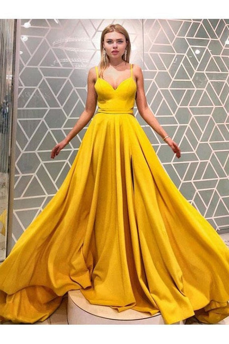 Simple A Line Spaghetti Straps Yellow Prom Dresses Cheap Long Formal Dress - Prom Dresses