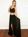 Simple A Line Two Piece V Neck tti Straps Lace Chiffon Black Long Prom Dresses with Slit, Two Pieces Black Formal Dresses, Evening Dresses