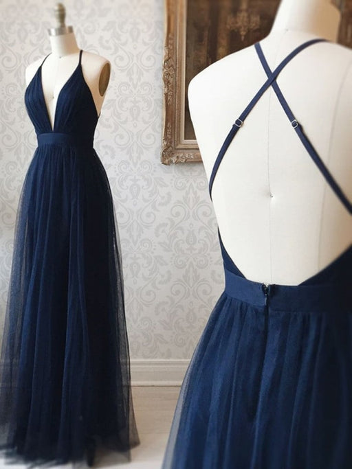 Simple A Line V Neck Backless Navy Blue Prom Dresses, Backless Navy Blue Formal Dresses, Evening Dresses