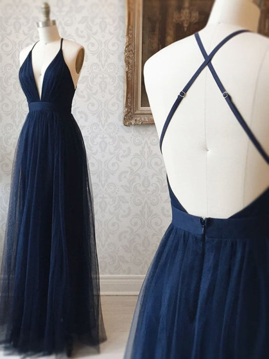 Simple A Line V Neck Backless Navy Blue Prom Dresses, Backless Navy Blue Formal Dresses, Evening Dresses