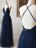 Light Blue V Neck Simple Prom Gown, A Line Sleeveless Formal Dress with Train UQ1708
