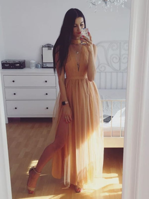 Simple A Line V Neck Champagne Tulle Long Prom Dresses with  V Neck Champagne Formal Graduation Evening Dresses, Champagne Bridesmaid Dresses