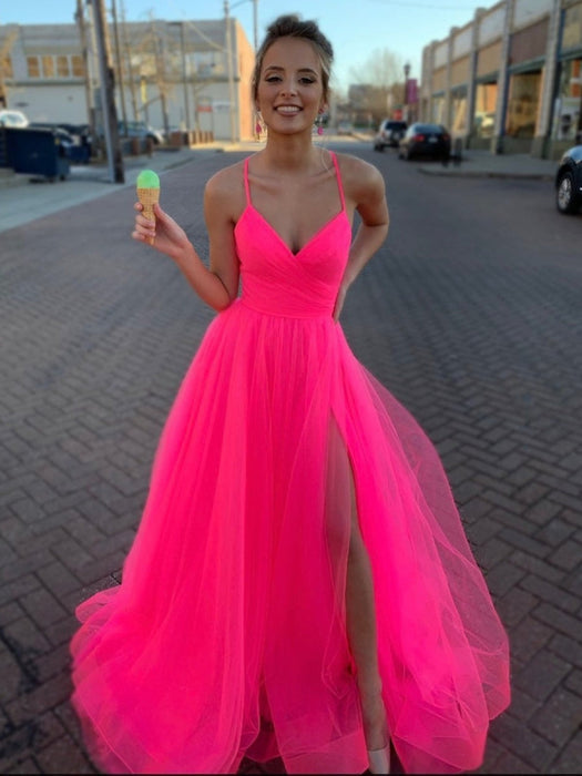 Simple A Line V Neck Coral Tulle Long Prom with High Split, V Neck Cor Bridelily Simple A Line V Neck Coral Tulle Long Prom with High Split, V Neck Cor Bridelily