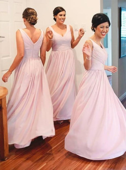 Simple A-Line V-Neck Floor Length Pink Bridesmaid Dress - Bridesmaid Dresses