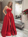Simple A Line V Neck Red Long Prom Dresses with High Slit, Red Formal Graduation Evening Dresses