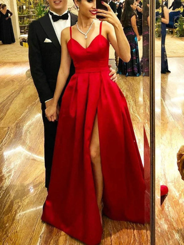 Simple Red High Low A-line V-neck Stretch satin Prom Dress main image 1