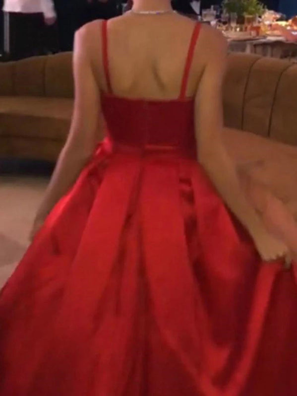 A Line V Neck Backless Red Satin Pleats Prom Dress LBQ0270 main image 1