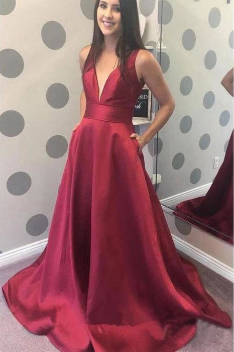 Simple A-line V-neck Satin Long Cheap Red Puffy Prom Dresses with Pocket - Prom Dresses