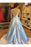Simple A Line V Neck Sleeveless Sweep Train Evening Light Blue Cheap Prom Dress - Prom Dresses
