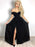 Simple Black Off Shoulder Chiffon Long Prom Dresses with Leg Slit, Off Shoulder Black Formal Dresses Chiffon Slit Evening Dresses