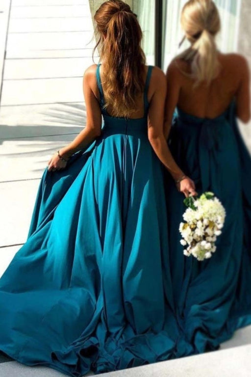 Simple Blue Long Backless Bridesmaid Dresses V Neck - Bridesmaid Dresses