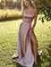 Simple Champagne Satin Long Prom Dresses with Leg Slit, Champagne Formal Dresses, Evening Dresses