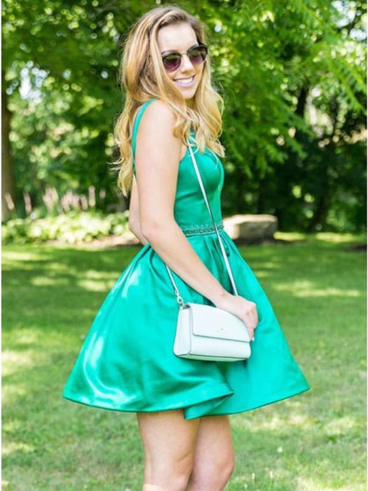 Simple Green Round Neck Satin Short Prom, Cute Green Homecoming, Green Bridelily Simple Green Round Neck Satin Short Prom, Cute Green Homecoming, Green Bridelily