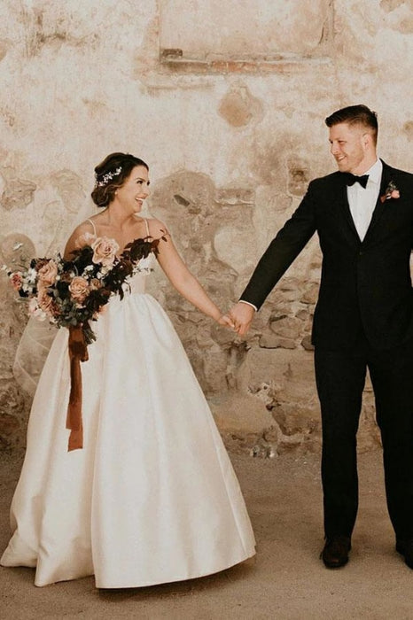 Simple Ivory Sleeveless Beach Floor Length Satin Spaghetti Straps Wedding Dress - Wedding Dresses
