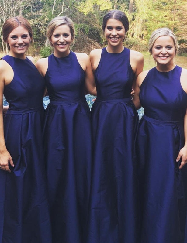 Simple Jewel Sleeveless Long Dark Blue Bridesmaid Dress - Bridesmaid Dresses