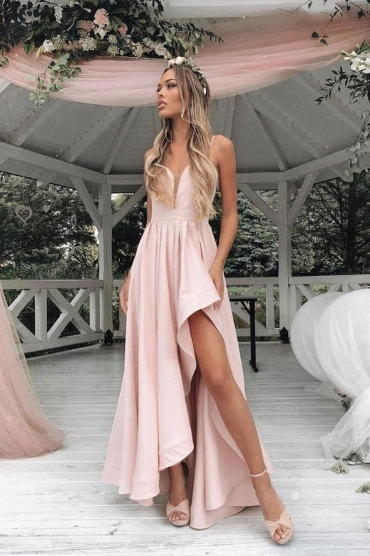 Simple Light Pink Asymmetrical Prom Sexy Spaghetti Strap Bridesmaid Dress - Prom Dresses