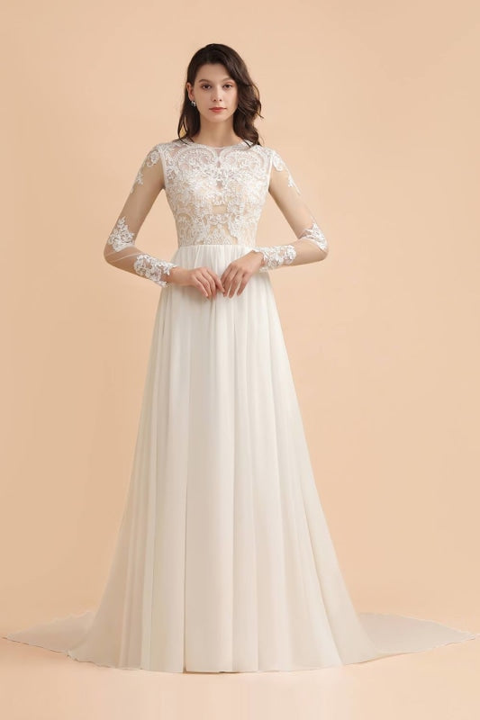 Simple Long Sleeves Lace Floor Length Boho Wedding Dresses - Ivory - wedding dresses