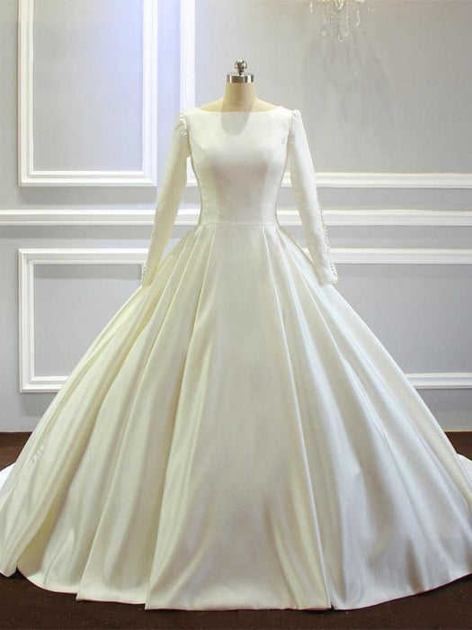 Simple Long Sleeves Satin Wedding Dresses with Train - Ivory / Long train - wedding dresses