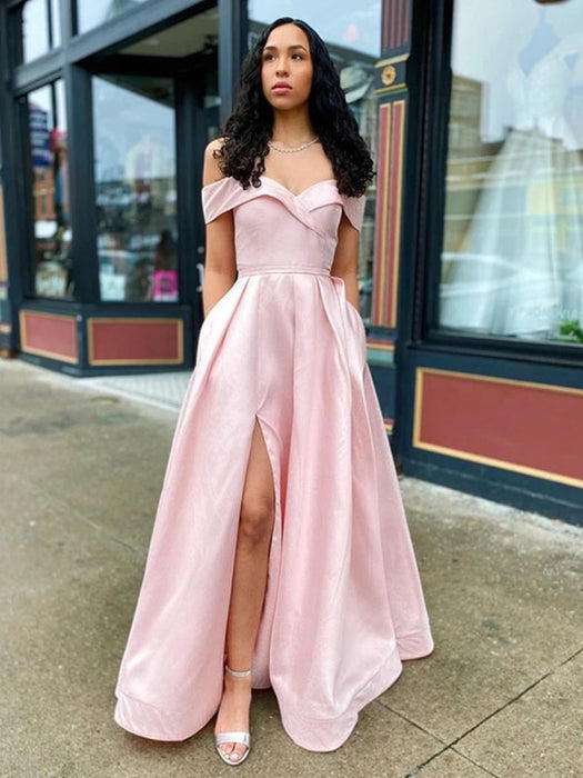 Simple Off Shoulder Pink Long Prom with Slit, Off Shoulder Pink Formal Bridelily Simple Off Shoulder Pink Long Prom with Slit, Off Shoulder Pink Formal Bridelily