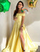 Simple Off Shoulder Yellow Satin Long Prom Dresses with Slit, Off Shoulder Yellow Formal Dresses, Yellow Evening Dresses