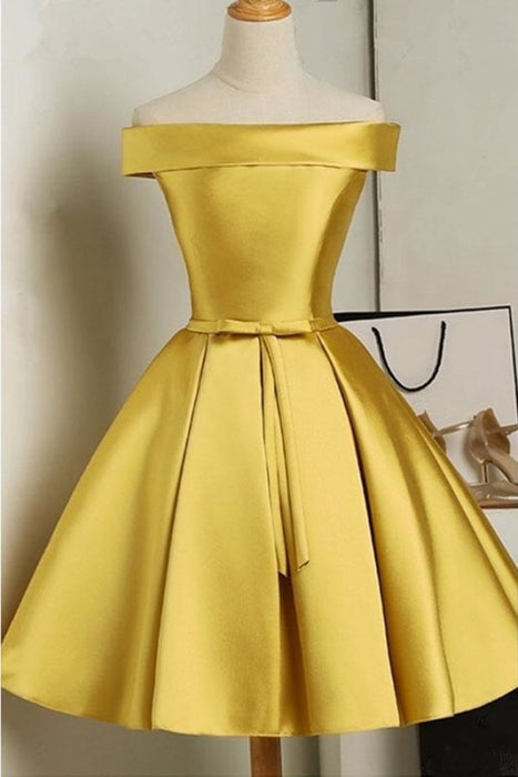 Simple Off the Shoulder Satin Short Prom with Bowknot A Line Homecoming Dress - Prom Dresses