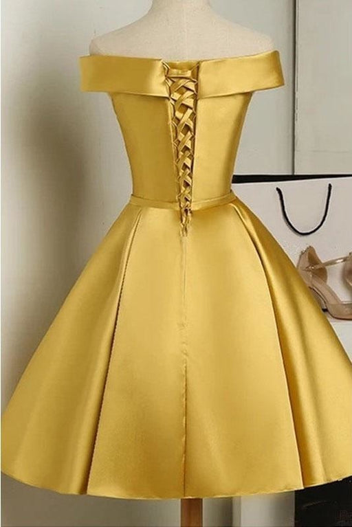 Simple Off the Shoulder Satin Short Prom with Bowknot A Line Homecoming Dress - Prom Dresses