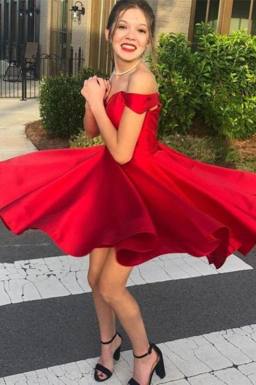 Simple Off the Shoulder Short Red Homecoming Dress with Lace Up Back - Prom Dresses