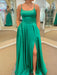 Simple Open Back Green Satin Long Prom Dresses with High Slit, Long Green Formal Graduation Evening Dresses 
