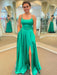 Simple Open Back Green Satin Long Prom Dresses with High Slit, Long Green Formal Graduation Evening Dresses 