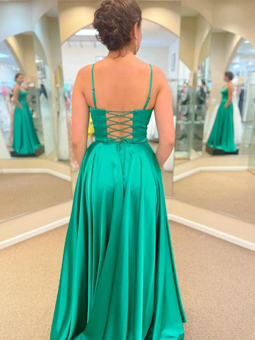 Simple Open Back Green Satin Long Prom Dresses with High Slit, Long Green Formal Graduation Evening Dresses 