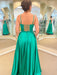Simple Open Back Green Satin Long Prom Dresses with High Slit, Long Green Formal Graduation Evening Dresses 