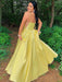 Simple Open Back Yellow Satin Long Prom Dresses with Pocket, Thin Straps Yellow Formal Graduation Evening Dresses 